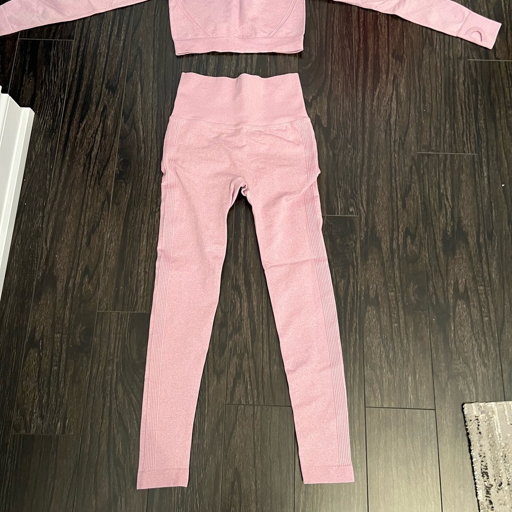 Pink Long Sleeve Crop Top and Leggings Set